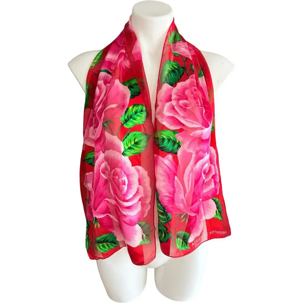 Vintage Adrienne Vittadini Silk Chiffon Scarf 1990s Rink Red Rose Floral 10x52